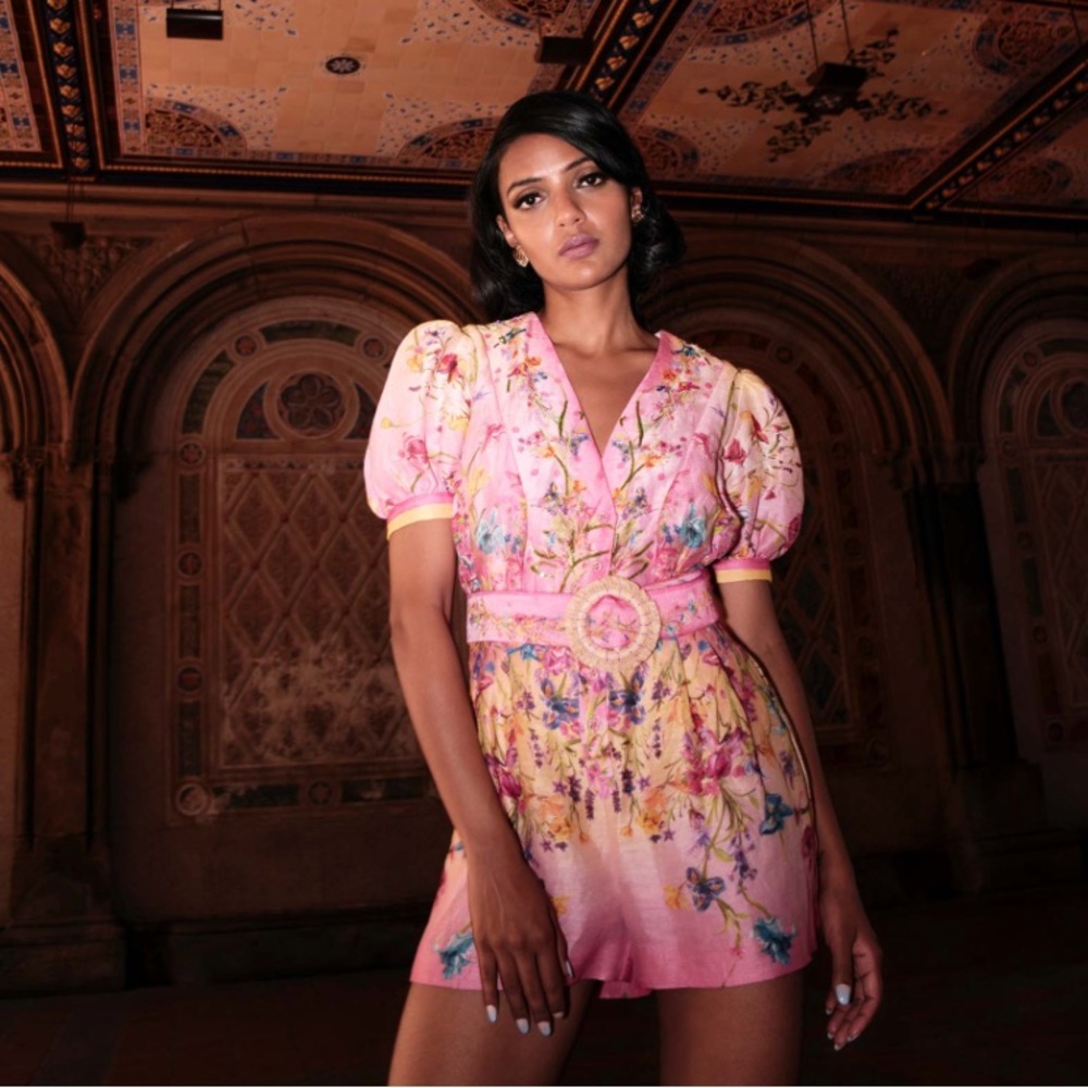 La Fuori Floral Silk Linen Beaded Romper